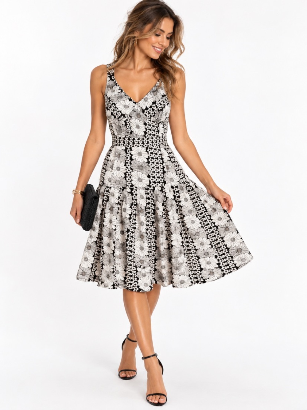 Bandolino White & Black Floral Pleated V-Neck Cottagecore Midi Dress Size 12